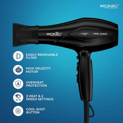 Ikonic Professional Pro 2400 Hair Dryer For Women & Men, 2200W High-Power Ac Motor, Ionic Hair Dryer With 3 Heat & 2 Speed Settings, Cool Shot, 2 Concentrator Nozzles, Fast Drying, Frizz Control, Black - Image 2