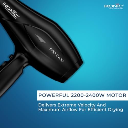 Ikonic Professional Pro 2400 Hair Dryer For Women & Men, 2200W High-Power Ac Motor, Ionic Hair Dryer With 3 Heat & 2 Speed Settings, Cool Shot, 2 Concentrator Nozzles, Fast Drying, Frizz Control, Black - Image 3