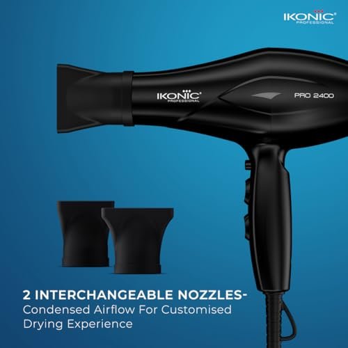 Ikonic Professional Pro 2400 Hair Dryer For Women & Men, 2200W High-Power Ac Motor, Ionic Hair Dryer With 3 Heat & 2 Speed Settings, Cool Shot, 2 Concentrator Nozzles, Fast Drying, Frizz Control, Black - Image 4