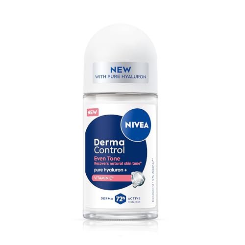 NIVEA Derma Control Even Tone Underarm Deo Roll-On for Women | Smoother & Brighter Underarms | 72H Derma Active Protection | With Pure Hyaluronic Acid & Vitamin C | 0% Alcohol | 50 ml