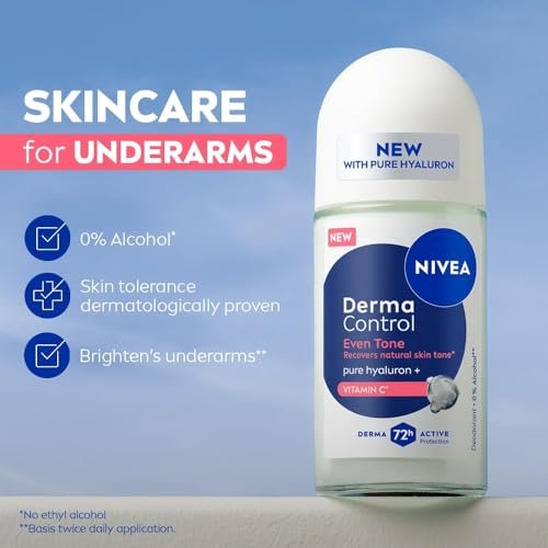 NIVEA Derma Control Even Tone Underarm Deo Roll-On for Women | Smoother & Brighter Underarms | 72H Derma Active Protection | With Pure Hyaluronic Acid & Vitamin C | 0% Alcohol | 50 ml - Image 3