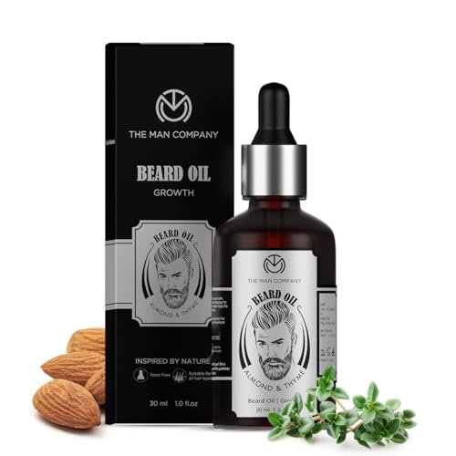The Man Company Beard Oil for Growing Beard Faster with Almond & Thyme, NATURAL, Best Beard Growth Oil for Man, Nourishes & Strengthens Uneven Patchy Beard - 30ML |