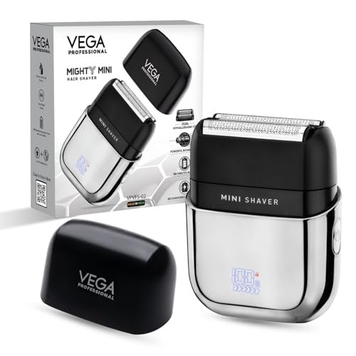 Vega Professional Mighty Mini Foil Hair Shaver for Men, Portable Mini Electric Shaver with Triple Floating Bladees, Hair & Beard Shaver Trimmer for Men, 180 Min Runtime, Type-C Charging, VPVFS-02