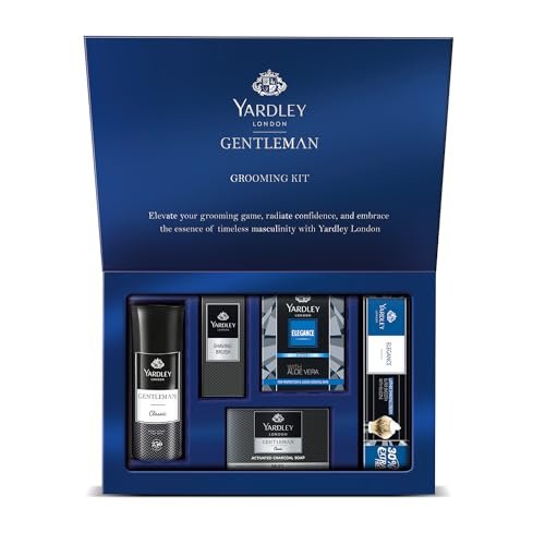 Yardley London Gentleman Luxury Grooming Kit For Men With Classic Activated Charcoal Soap, Elegance Lather Shaving Cream, After Shave Lotion, Shaving Brush, And Classic Body Deodorant Spray | Gentleman