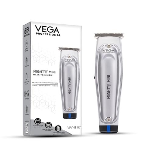 VEGA PROFESSIONAL Men Mighty Mini Hair Trimmer With Stainless Steel T-Wide Ultra Close Blade, 6500 Rpm Motor, 120 Mins Runtime, 90 Min Charging Time, Cord & Cordless Use For Salon, (Vpvht-07)
