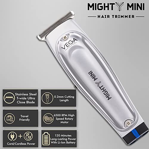 VEGA PROFESSIONAL Men Mighty Mini Hair Trimmer With Stainless Steel T-Wide Ultra Close Blade, 6500 Rpm Motor, 120 Mins Runtime, 90 Min Charging Time, Cord & Cordless Use For Salon, (Vpvht-07) - Image 2