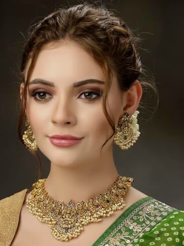 Shining Diva Fashion Latest Stylish Fancy Pearl Choker Traditional Jewellery Set for Women | Temple Necklace Set | Festive Wedding Party Necklace | 22k Gold Plated | Just Like Original Gold Jewellery - Image 3