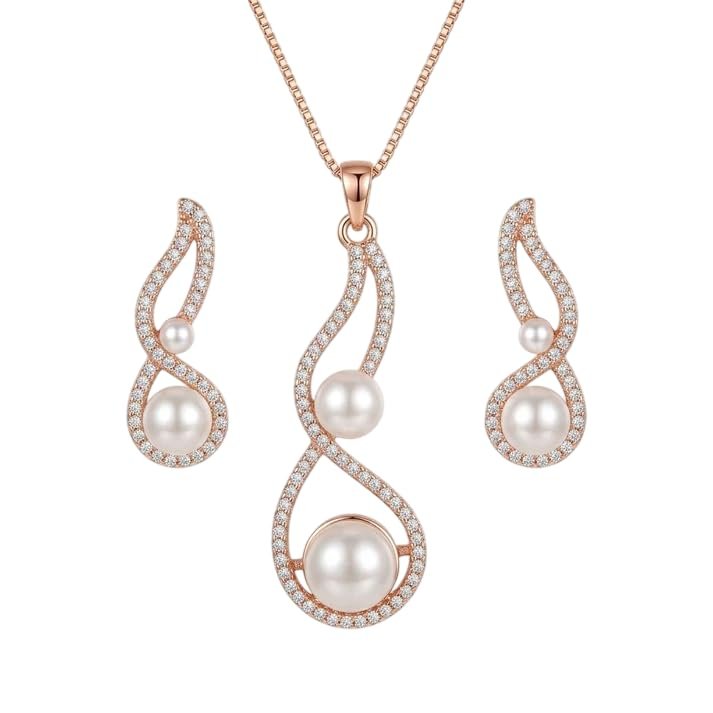 Ollien Rose Gold Pearl Infinity Jewellery Set for Women | Rose Gold Plated Imitation Brass Set | Elegant Stylish Jewellery