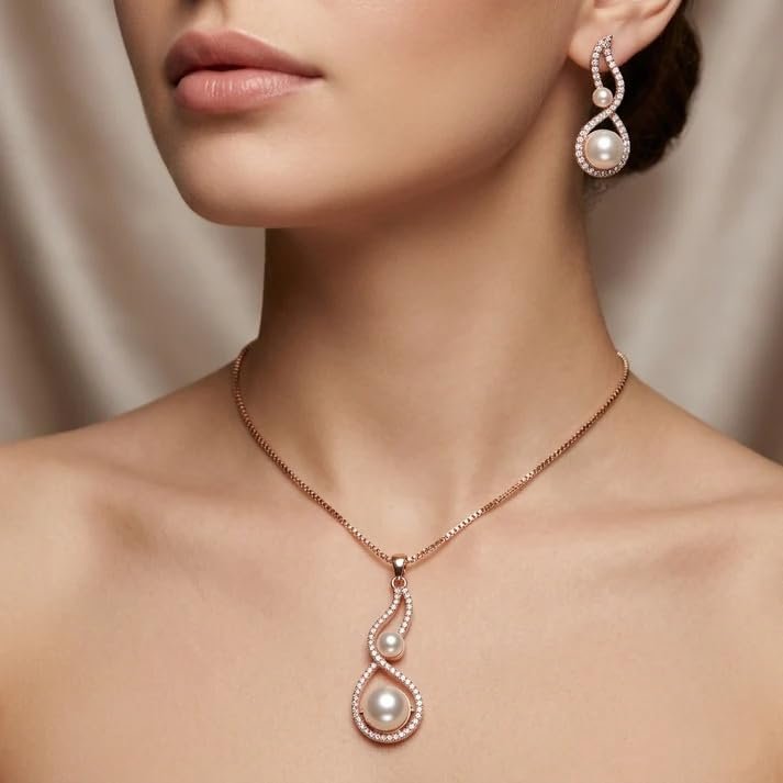 Ollien Rose Gold Pearl Infinity Jewellery Set for Women | Rose Gold Plated Imitation Brass Set | Elegant Stylish Jewellery - Image 2