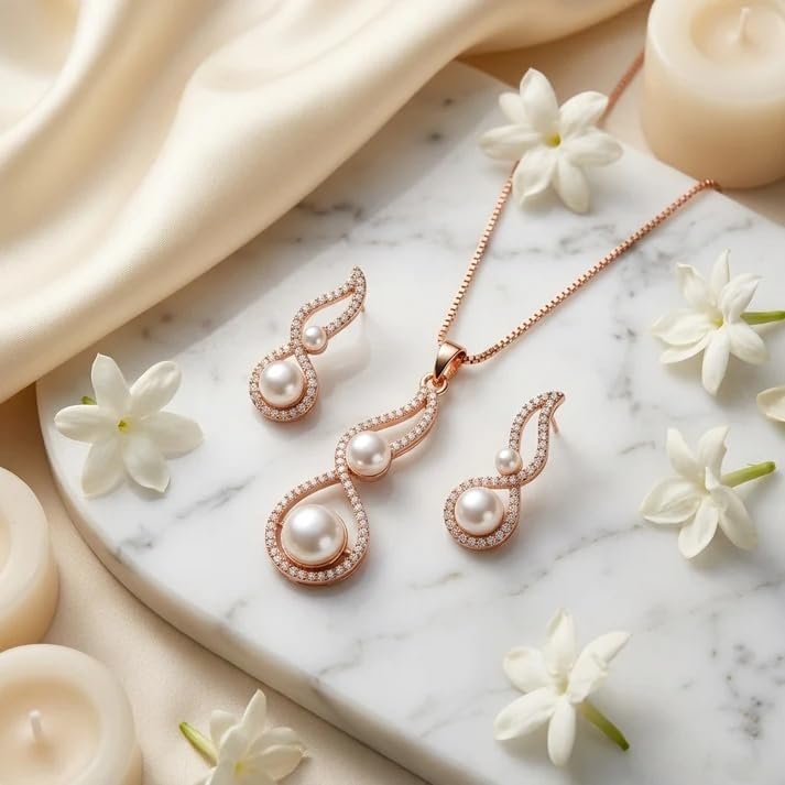 Ollien Rose Gold Pearl Infinity Jewellery Set for Women | Rose Gold Plated Imitation Brass Set | Elegant Stylish Jewellery - Image 3