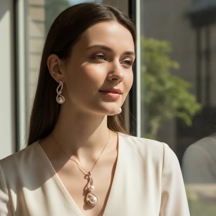 Ollien Rose Gold Pearl Infinity Jewellery Set for Women | Rose Gold Plated Imitation Brass Set | Elegant Stylish Jewellery - Image 4