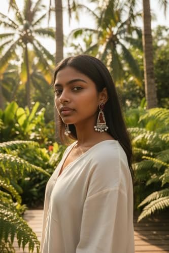 LadiesOnly Vintage Turquoise Chandelier Earrings, Oxidized Silver Filigree with Pearl Accents, 6 cm Drop Length, Handcrafted Traditional Design for Women - with 4 options ( Light Green / Dark Green / Pink / Red ) - Image 3
