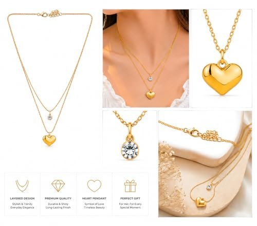 Heart Necklace 18K Gold Plated (Light Weight) Layered Chain For Women And Girls , Stylish Jewellery Heart Pendant Chain For Daily Wear, Party, Wedding, Festival, Birthday Gift, Fashion Necklace For Western And Traditional Outfits - Image 4