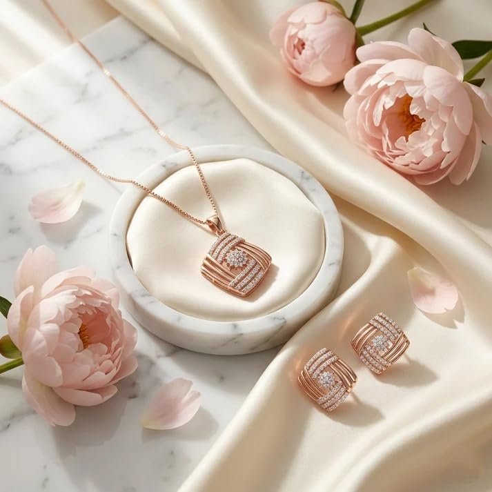 Ollien Geometric Rose Gold Pendant Set for Women | Rose Gold Plated Imitation Brass Jewellery Set | Modern Elegant Jewellery - Image 2