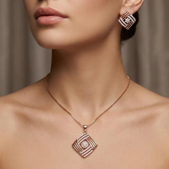 Ollien Geometric Rose Gold Pendant Set for Women | Rose Gold Plated Imitation Brass Jewellery Set | Modern Elegant Jewellery - Image 3