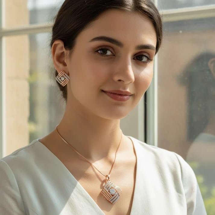 Ollien Geometric Rose Gold Pendant Set for Women | Rose Gold Plated Imitation Brass Jewellery Set | Modern Elegant Jewellery - Image 4
