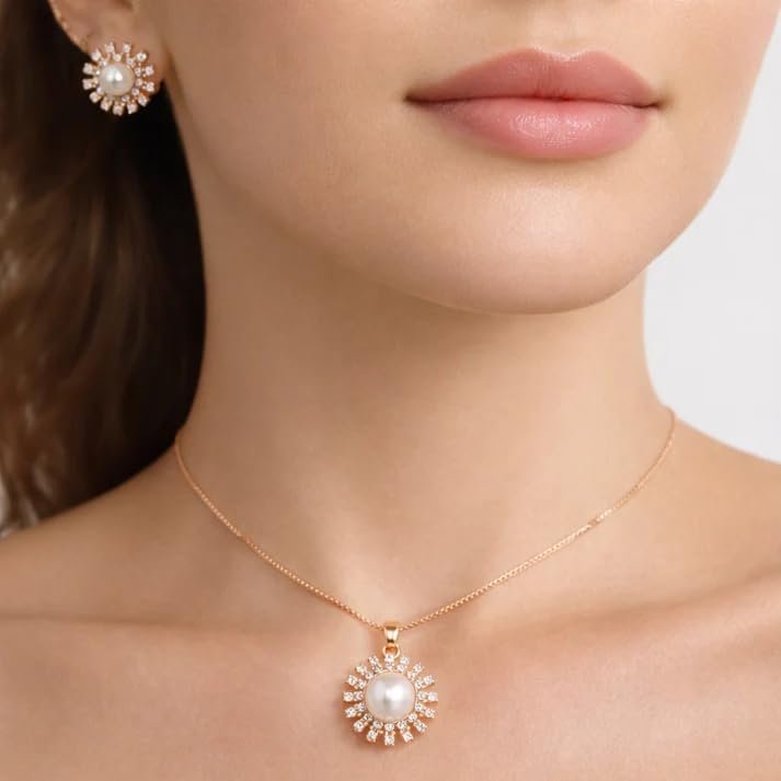 Ollien Celestial Pearl Sunburst Jewellery Set for Women | Rose Gold Plated Imitation Brass Set | Elegant Premium Jewellery - Image 2