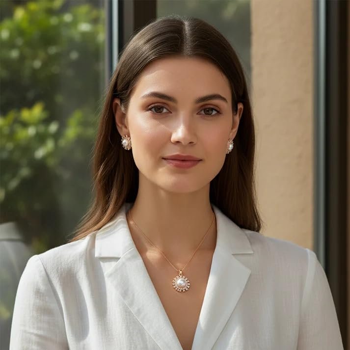 Ollien Celestial Pearl Sunburst Jewellery Set for Women | Rose Gold Plated Imitation Brass Set | Elegant Premium Jewellery - Image 3