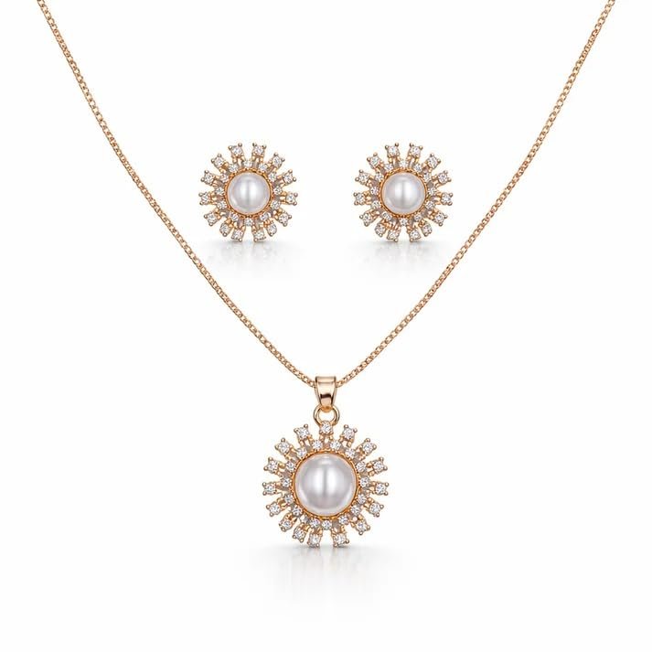 Ollien Celestial Pearl Sunburst Jewellery Set for Women | Rose Gold Plated Imitation Brass Set | Elegant Premium Jewellery - Image 4