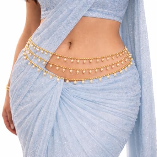 Traditional Golden Beads Waist Hip Chains Kamarband with Pearl Drops Ethnic Waist Chain Saree Vaddanam for Women & Girls