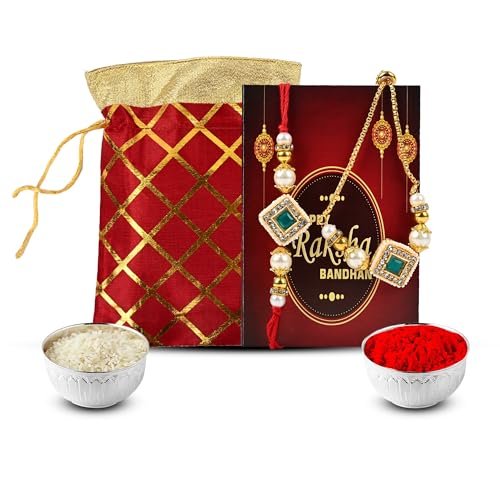 Kalakriti Handmade Rakhi for Brother and Bhabhi Combo Set of 2 With Designer Kundan Lumba Bracelet for Bhabhi With Roli Chawal, Raksha Bandhan Greeting Card and Printed Potli Bag