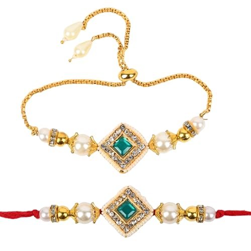 Kalakriti Handmade Rakhi for Brother and Bhabhi Combo Set of 2 With Designer Kundan Lumba Bracelet for Bhabhi With Roli Chawal, Raksha Bandhan Greeting Card and Printed Potli Bag - Image 2