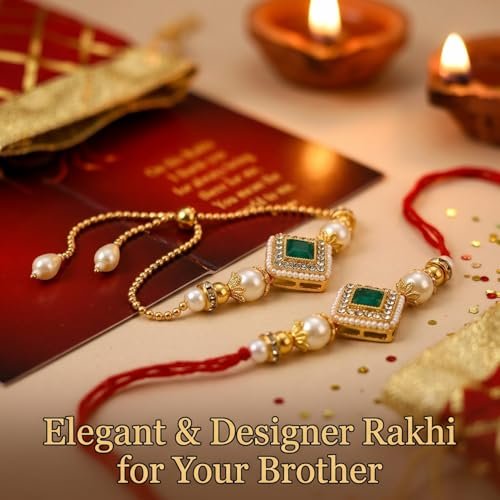 Kalakriti Handmade Rakhi for Brother and Bhabhi Combo Set of 2 With Designer Kundan Lumba Bracelet for Bhabhi With Roli Chawal, Raksha Bandhan Greeting Card and Printed Potli Bag - Image 3