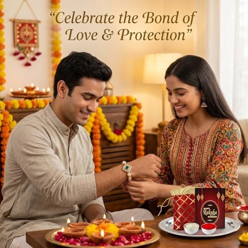 Kalakriti Handmade Rakhi for Brother and Bhabhi Combo Set of 2 With Designer Kundan Lumba Bracelet for Bhabhi With Roli Chawal, Raksha Bandhan Greeting Card and Printed Potli Bag - Image 4