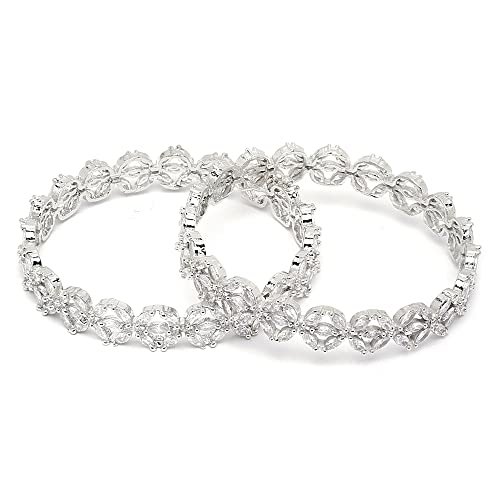 ZENEME Rhodium-Plated Silver Toned White Floral American Diamond studded Bangles Jewellery Set for Girls and Women (Set Of 2)