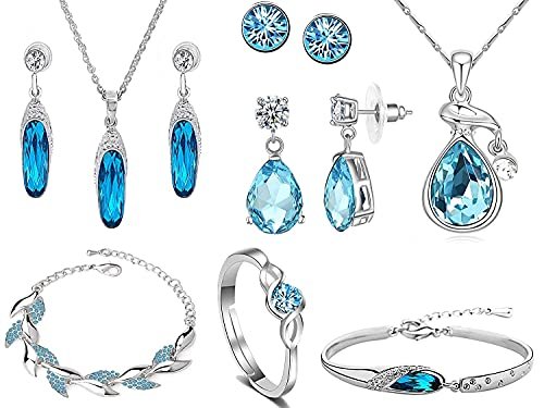Om Jewells Rhodium Platted Blue Crystal Combo Of Designer Drop Pendant,Tube Pendant Set, Adjustable Solitaire Finger Ring, Solitaire Tops, Bangle Bracelet And Earrings For Girls CO1000319