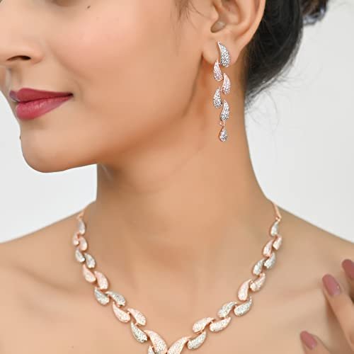 Ratnavali Jewels American Diamond CZ Rose Gold Plated Designer Jewellery Set/Necklace Set with Chain & Earring for Girls/Women (RV3382RG) - Image 3