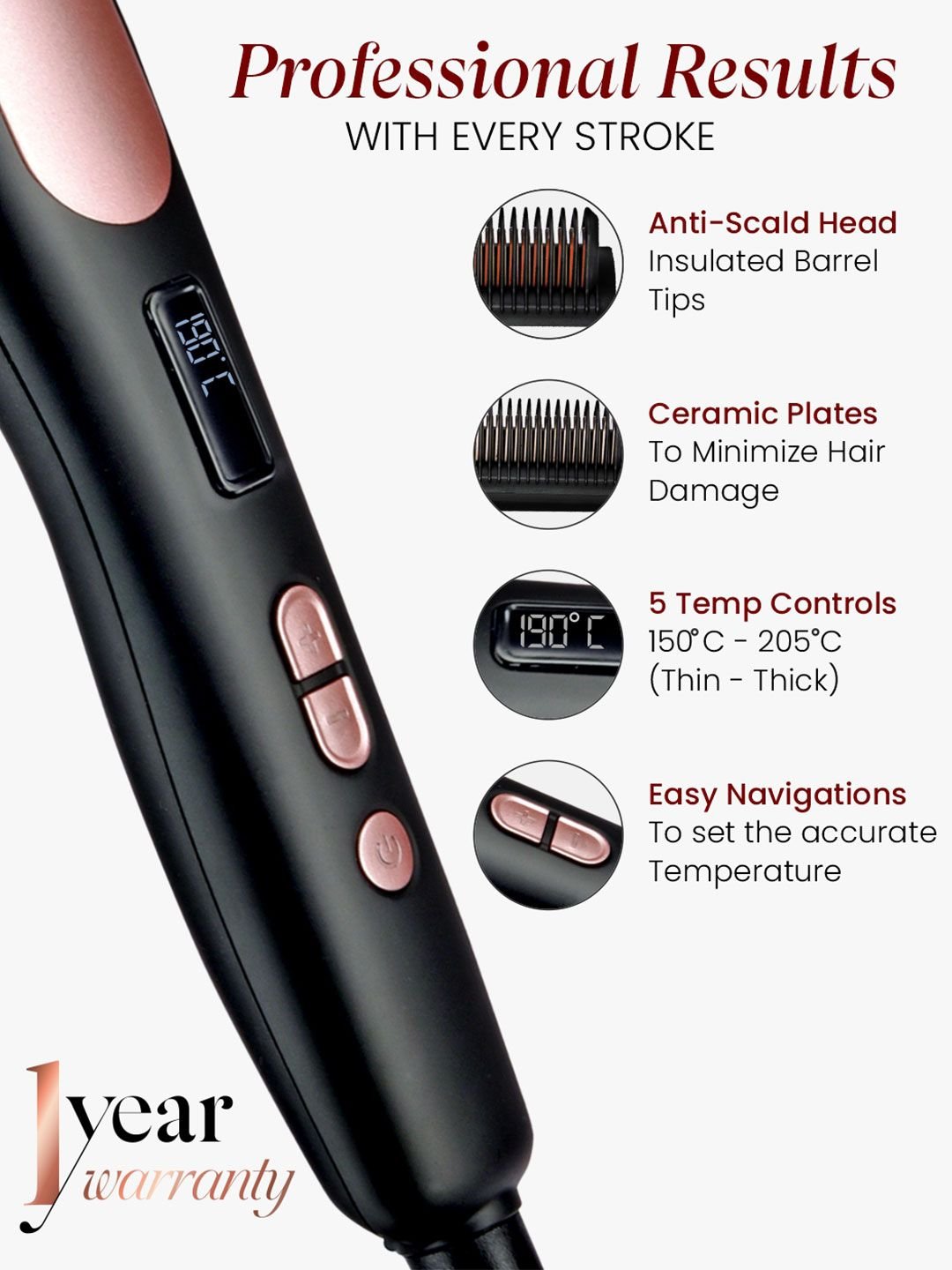URBANYOG MakeMeeBold Hair Straightening Brush with Ceramic Coated Plates - Black - Image 4