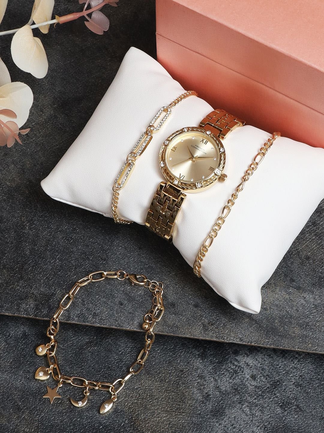 French Connection Women Embellished Dial Textured Straps Analogue Watch Gift Set FCB5GM