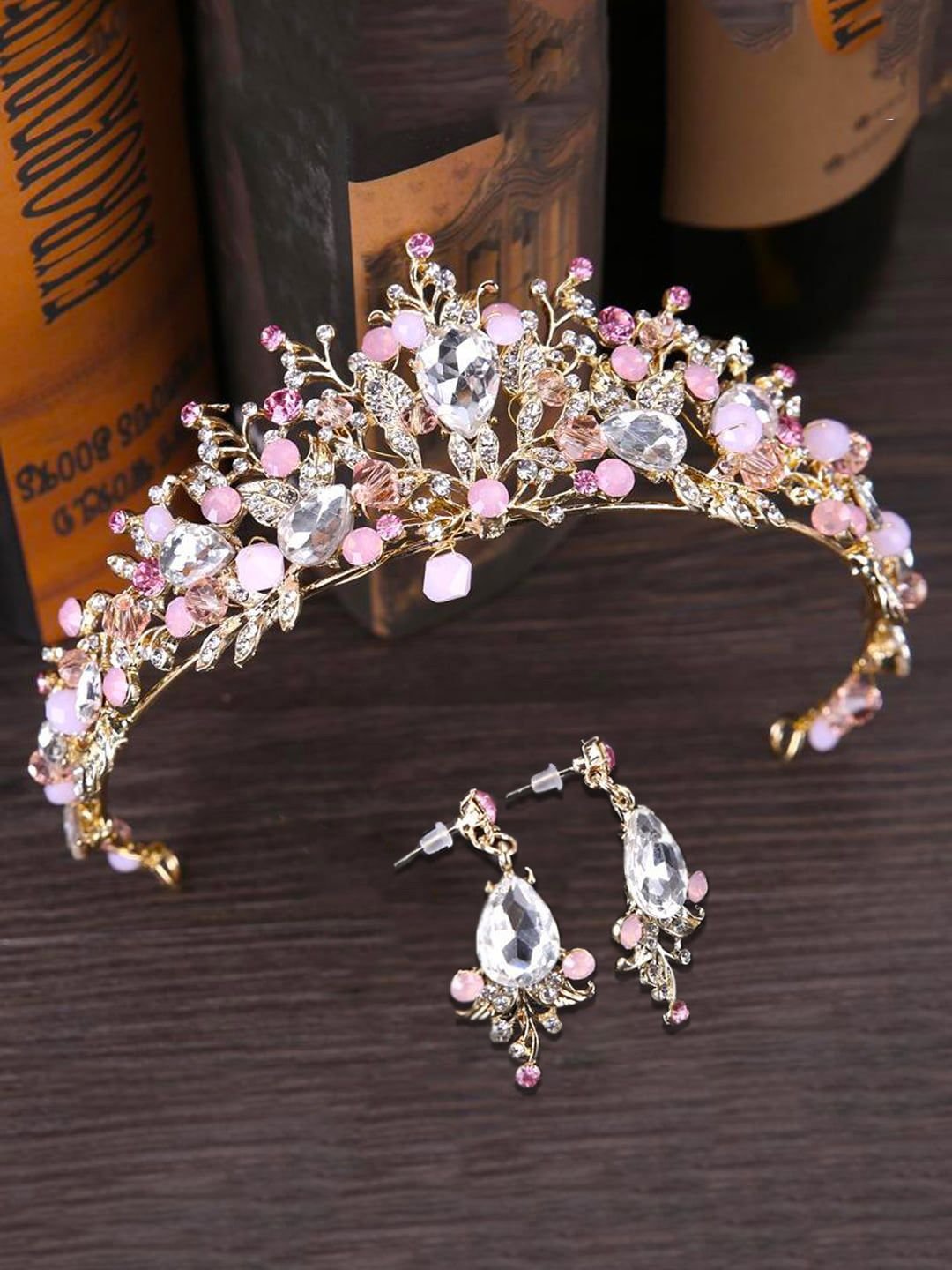 Yellow Chimes Gold Studded Crystal Embellished Crown Tiara With Earrings