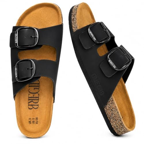 Bregid Women Classic Black Nubuck Leather Sandals | Premium Cork and Eva Comfort Sole for Everyday Wear | Slip on Stylish Footwear with Durable Arch Support