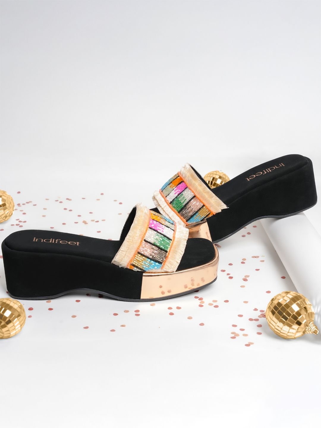 Women Embellished Chunky Ethnic and Traditional Black Platform Heel Sandals