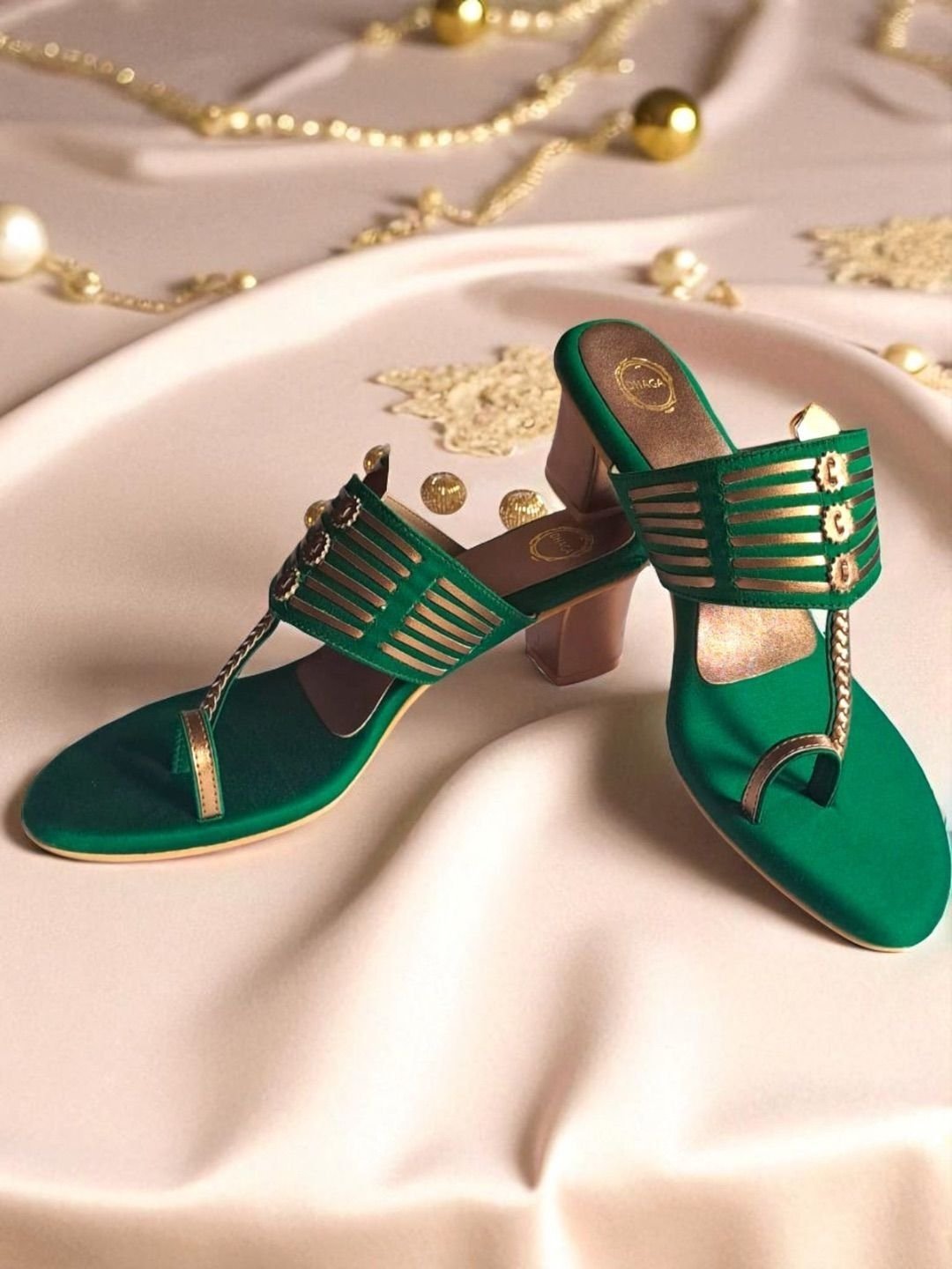 Green and Antique Gold Block Heel Kolhapuri