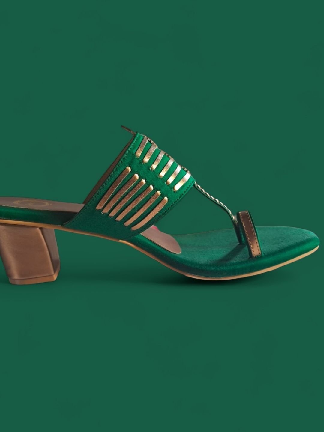 Green and Antique Gold Block Heel Kolhapuri - Image 3