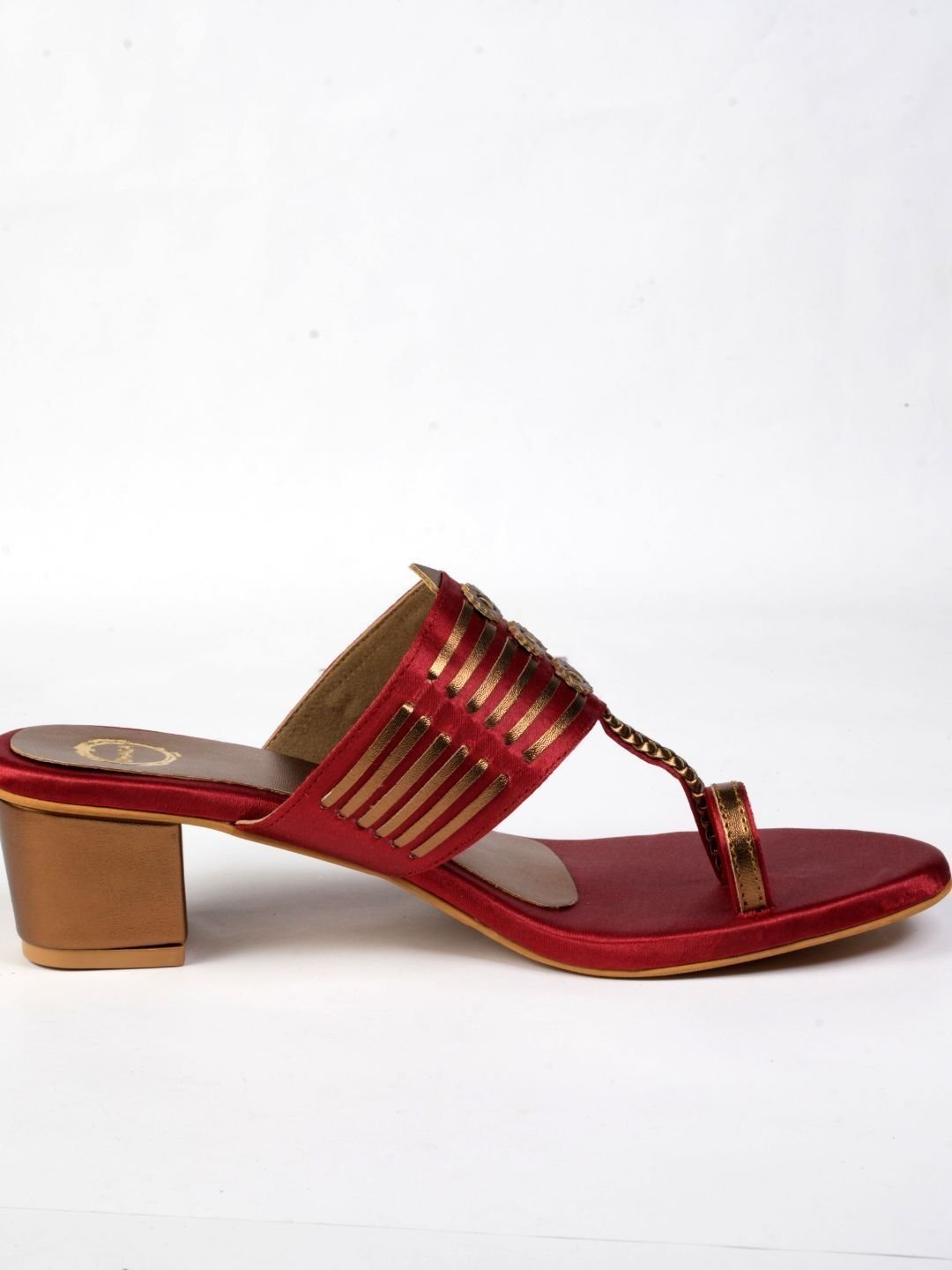 Women Maroon and Anqtique Gold Embellished Block Heel Kolhapuri - Image 3