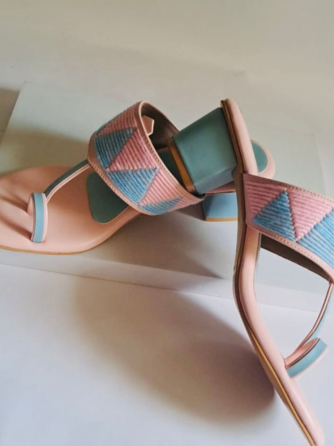 Women Blue and Pink Woven Design Block Heel Open Toe Kolhapuri Sandals - Image 2