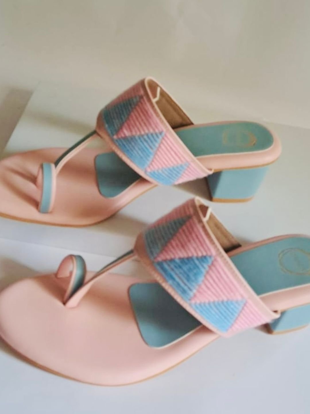 Women Blue and Pink Woven Design Block Heel Open Toe Kolhapuri Sandals - Image 3