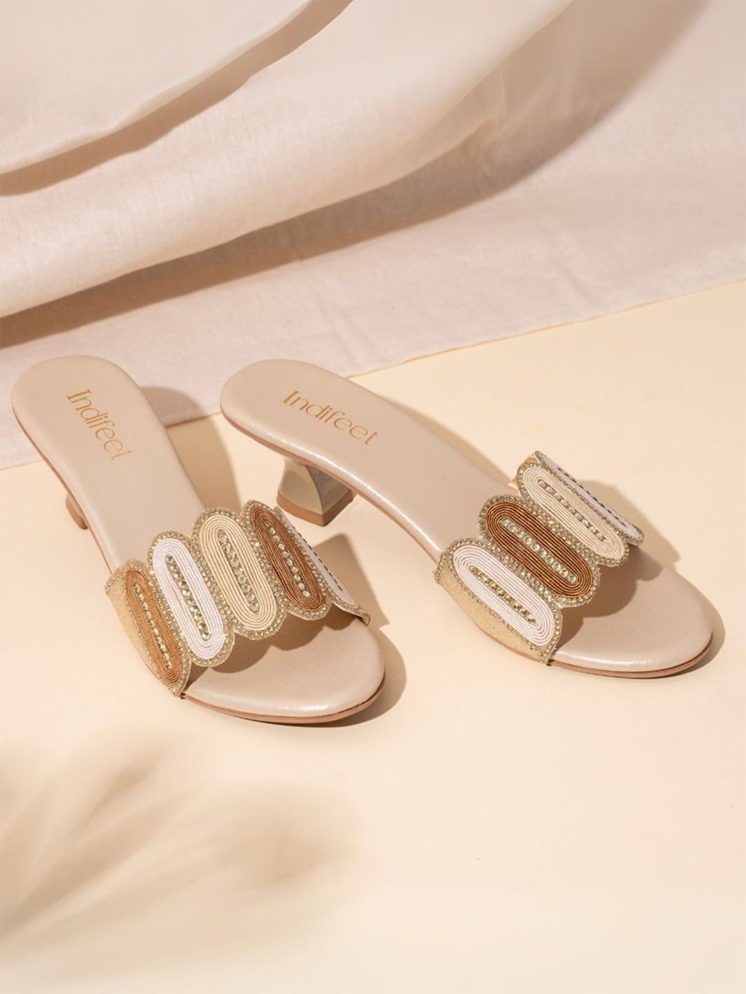 Women Embellished Ethnic and Traditional Golden Kitten Heel Sandals