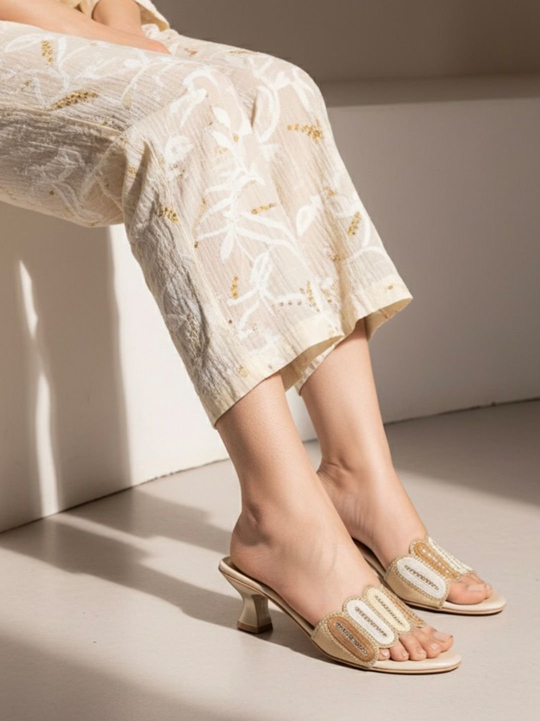 Women Embellished Ethnic and Traditional Golden Kitten Heel Sandals - Image 2