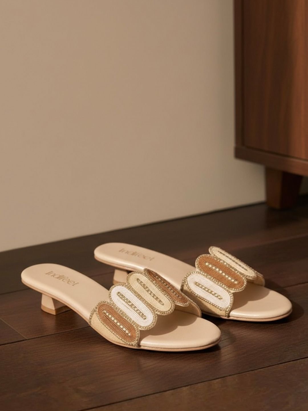 Women Embellished Ethnic and Traditional Golden Kitten Heel Sandals - Image 3