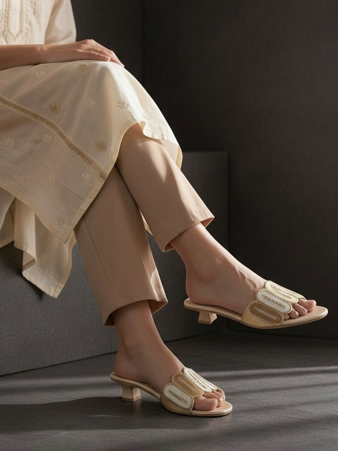 Women Embellished Ethnic and Traditional Golden Kitten Heel Sandals - Image 4