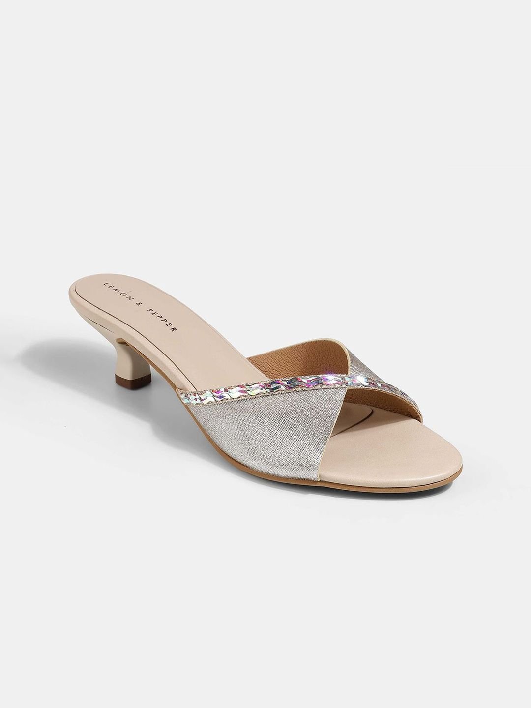 LEMON & PEPPER Women Embellished Open Toe Party Kitten Heel Sandals