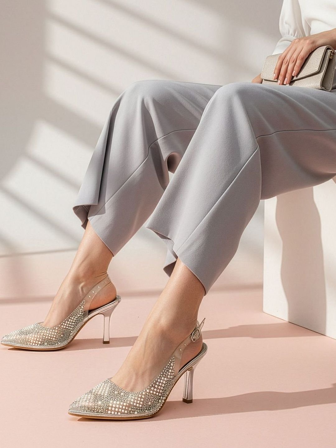 ICONICS Elegant Pearl and Crystal Adorned Pointed Toe Women Heel Sandals