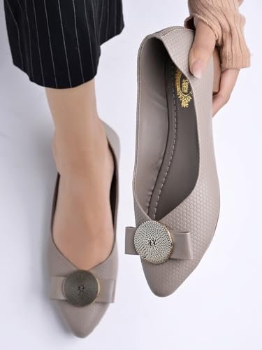 Shoetopia Women's Ballet Flats – Textured Slip-On Bellies with Decorative Bow & Gold Button | Elegant Casual & Office - Image 2