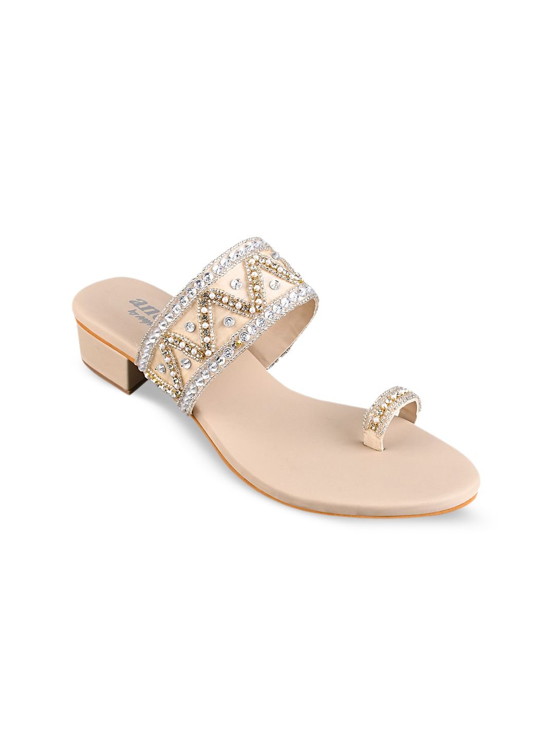 Anouk Cream-Coloured And Silver-Toned Embellished One Toe Block Heels - Image 2