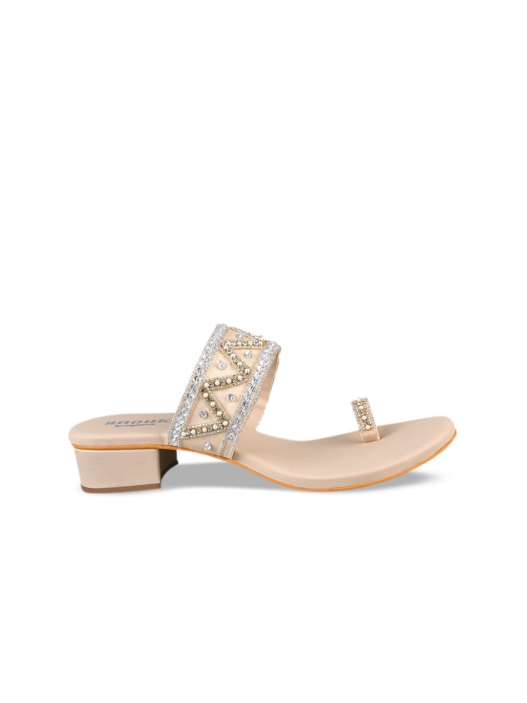 Anouk Cream-Coloured And Silver-Toned Embellished One Toe Block Heels - Image 4